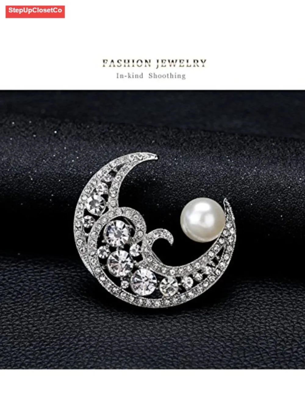 Crystal Crescent Moon Brooch Pin, Freshwater Pearl Style, Gift for Mom Wife,